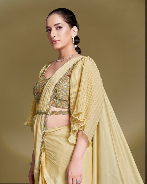 Crepe Satin Silk Yellow Women Readymade Saree With Stitched Blouse
