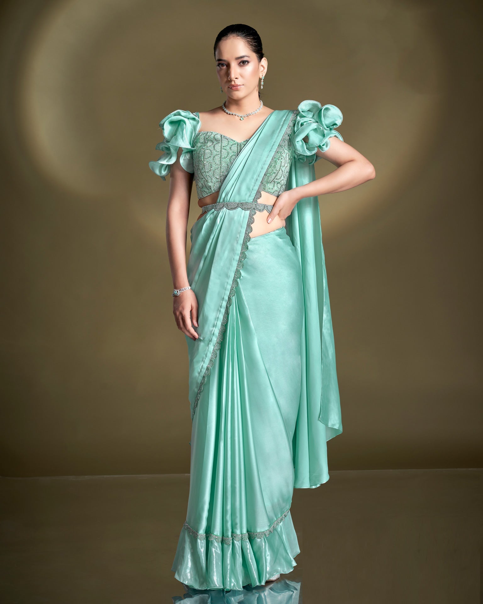 Crepe Satin Silk Sea Green Women Readymade Saree With Stitched Blouse