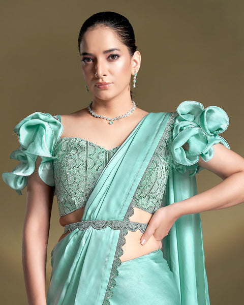 Crepe Satin Silk Sea Green Women Readymade Saree With Stitched Blouse