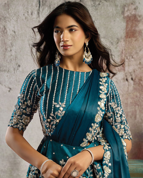 Blue Satin Silk Women One Minute Saree With Stitched Blouse