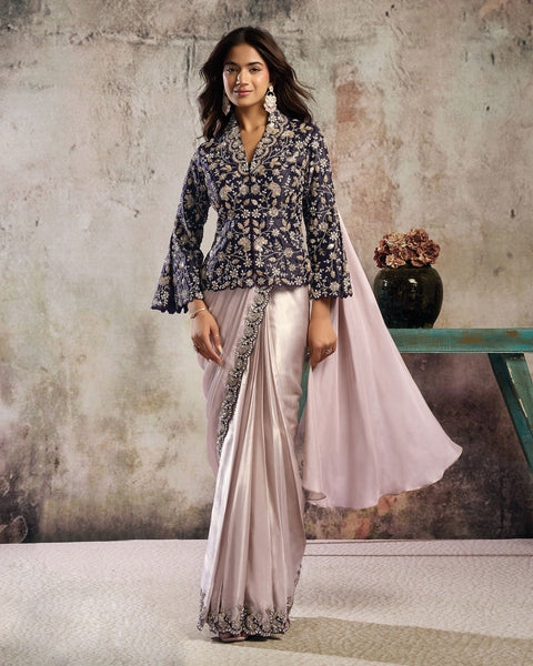 Cream Purple Metallic Glossy Satin Women One Minute Saree With Stitched Blouse