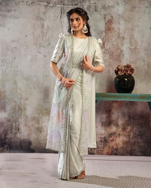 Tussar Two Tone Satin Women One Minute Saree With Stitched Blouse