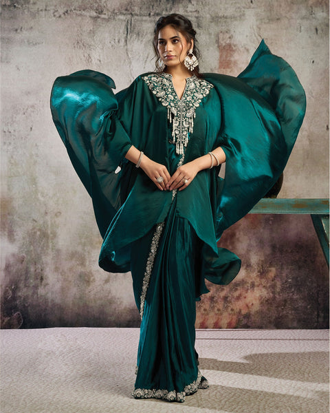 Peacock Green Two Tone Satin Women One Minute Saree With Stitched Blouse