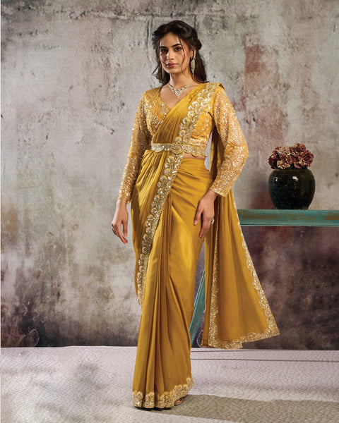Mustard Lustrous Satin Women One Minute Saree With Stitched Blouse