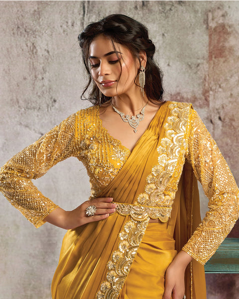 Mustard Lustrous Satin Women One Minute Saree With Stitched Blouse