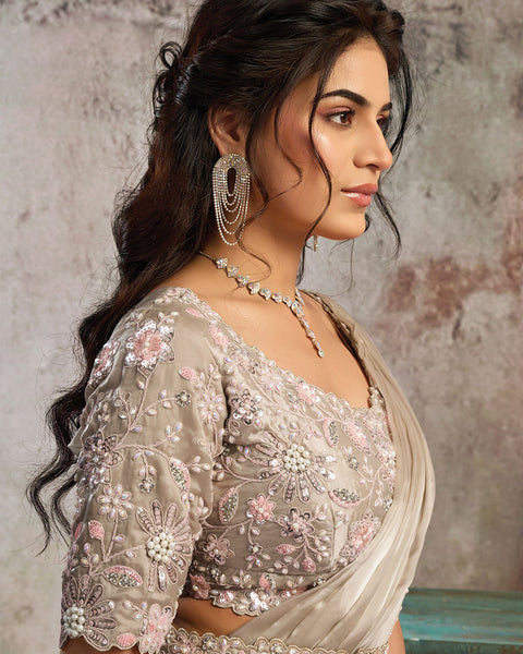 Tussar Armani Satin Silk Women One Minute Saree With Stitched Blouse