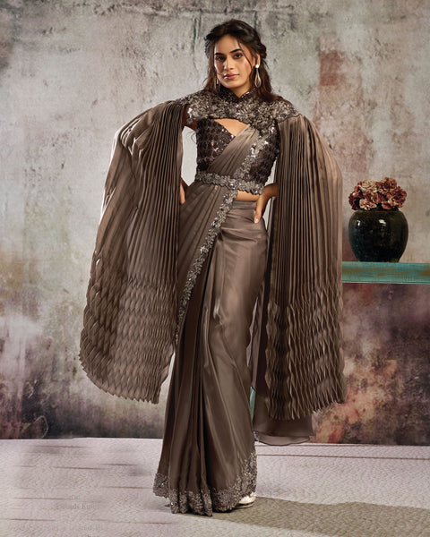 Coffee Brown Lustrous Armani Satin Women One Minute Saree With Stitched Blouse