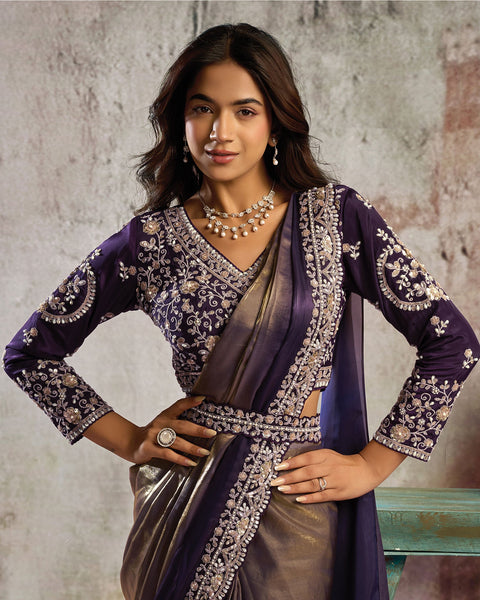 Golden Purple Metallice Gold Satin Women One Minute Saree With Stitched Blouse