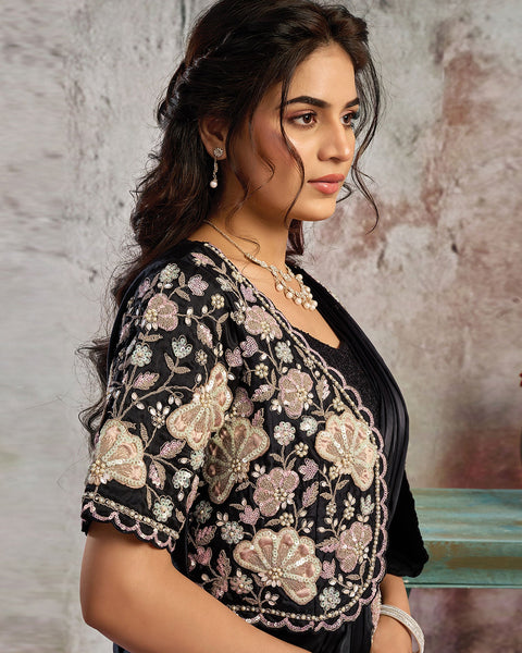 Black Lustrous Satin Women One Minute Saree With Stitched Blouse