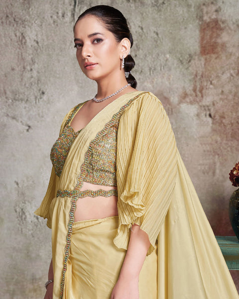 Yellow Crepe Satin Silk Women One Minute Saree With Stitched Blouse