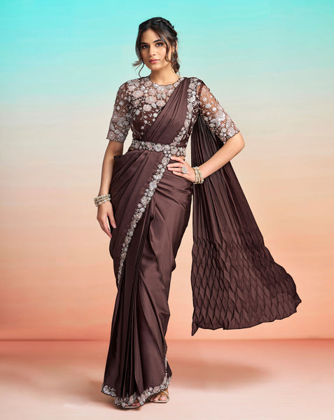 Coffee Brown Lustrous Satin Silk Women One Minute Saree With Stitched Blouse