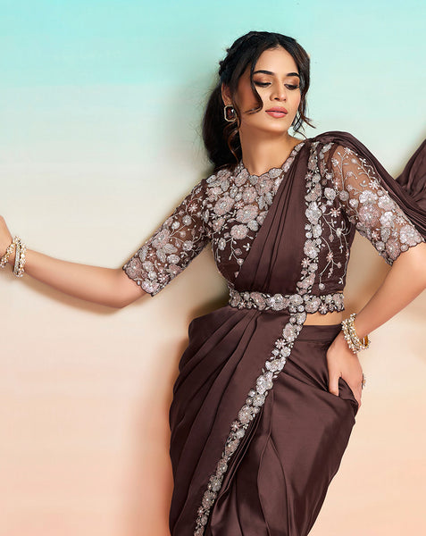 Coffee Brown Lustrous Satin Silk Women One Minute Saree With Stitched Blouse