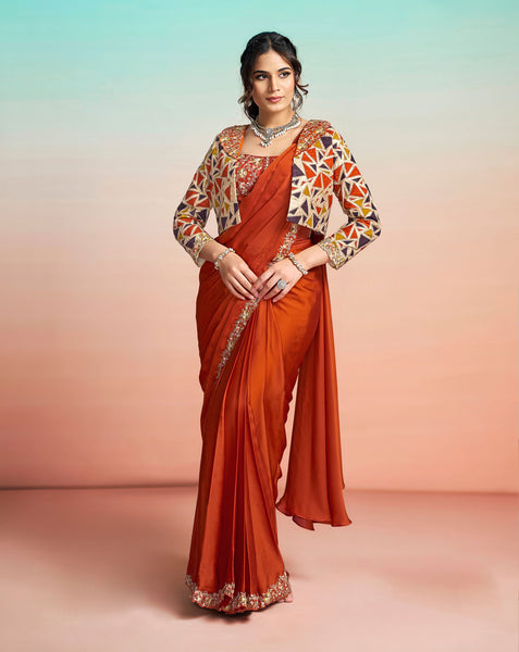 Orange Lustrous Satin Silk Women One Minute Saree With Stitched Blouse