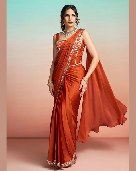 Orange Lustrous Satin Silk Women One Minute Saree With Stitched Blouse