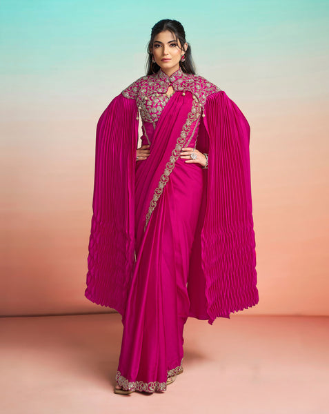 Pink Satin Silk Zardosi Work Women One Minute Saree With Stitched Blouse