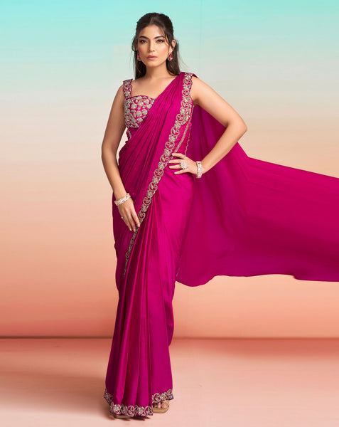 Pink Satin Silk Zardosi Work Women One Minute Saree With Stitched Blouse