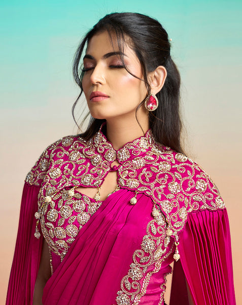 Pink Satin Silk Zardosi Work Women One Minute Saree With Stitched Blouse