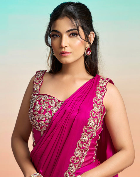 Pink Satin Silk Zardosi Work Women One Minute Saree With Stitched Blouse