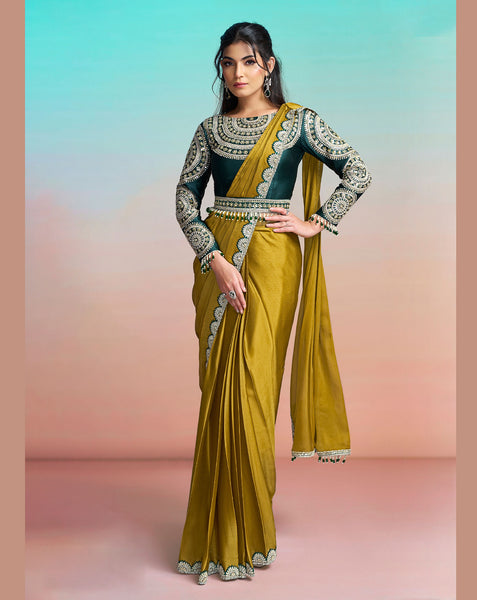 Mustard Green Georgette Chiffon Satin Women One Minute Saree With Stitched Blouse
