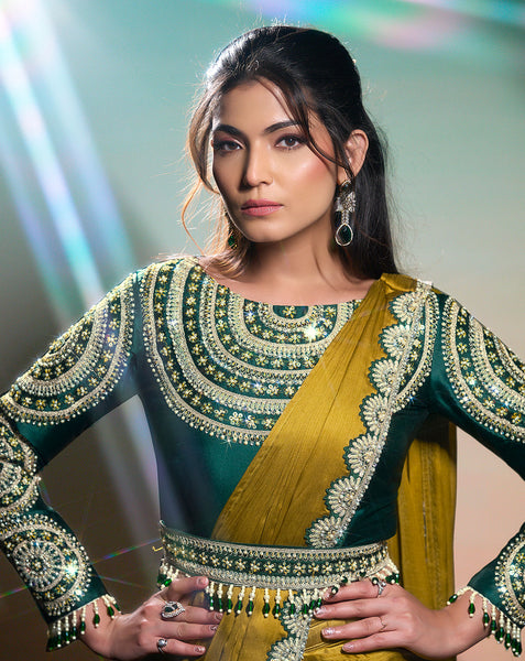 Mustard Green Georgette Chiffon Satin Women One Minute Saree With Stitched Blouse