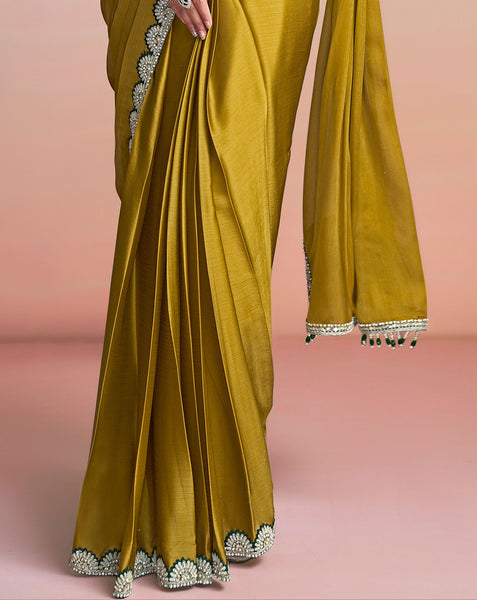 Mustard Green Georgette Chiffon Satin Women One Minute Saree With Stitched Blouse