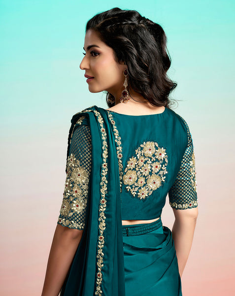 Teal Lustrous Satin Silk Women One Minute Saree With Stitched Blouse