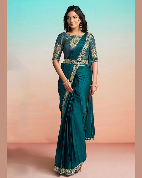 Teal Lustrous Satin Silk Women One Minute Saree With Stitched Blouse