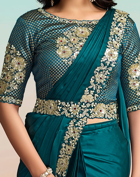Teal Lustrous Satin Silk Women One Minute Saree With Stitched Blouse