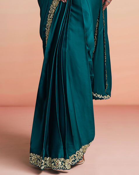 Teal Lustrous Satin Silk Women One Minute Saree With Stitched Blouse