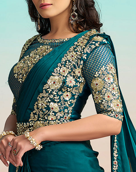 Teal Lustrous Satin Silk Women One Minute Saree With Stitched Blouse