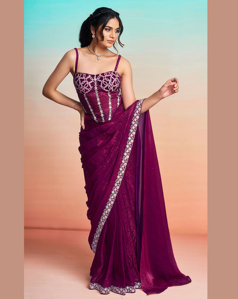 Maroon Two Tone Satin Silk Women One Minute Saree With Stitched Blouse