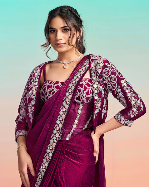 Maroon Two Tone Satin Silk Women One Minute Saree With Stitched Blouse