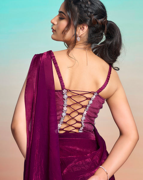 Maroon Two Tone Satin Silk Women One Minute Saree With Stitched Blouse