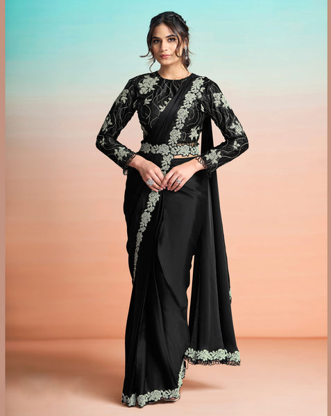 Black Lustrous Satin Silk Women One Minute Saree With Stitched Blouse