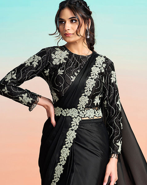 Black Lustrous Satin Silk Women One Minute Saree With Stitched Blouse