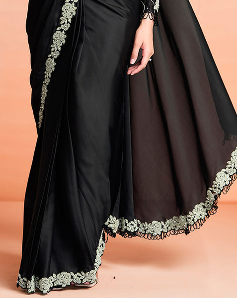 Black Lustrous Satin Silk Women One Minute Saree With Stitched Blouse