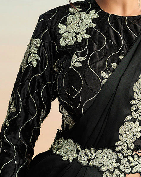 Black Lustrous Satin Silk Women One Minute Saree With Stitched Blouse