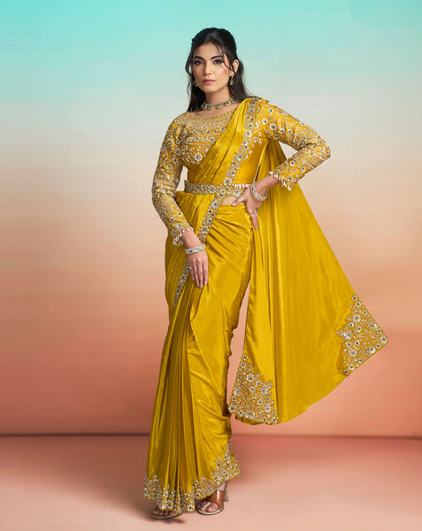 Mustard Yellow Crepe Satin Women One Minute Saree With Stitched Blouse