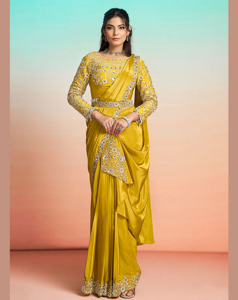 Mustard Yellow Crepe Satin Women One Minute Saree With Stitched Blouse