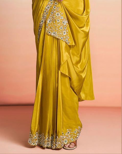Mustard Yellow Crepe Satin Women One Minute Saree With Stitched Blouse
