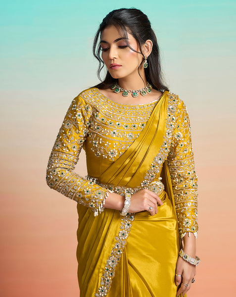 Mustard Yellow Crepe Satin Women One Minute Saree With Stitched Blouse