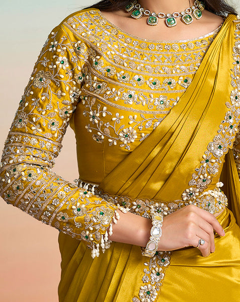Mustard Yellow Crepe Satin Women One Minute Saree With Stitched Blouse