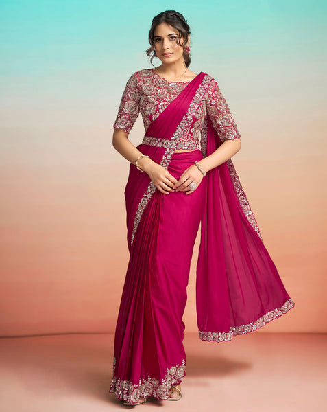 Rani Pink Lustrous Satin Silk Women One Minute Saree With Stitched Blouse