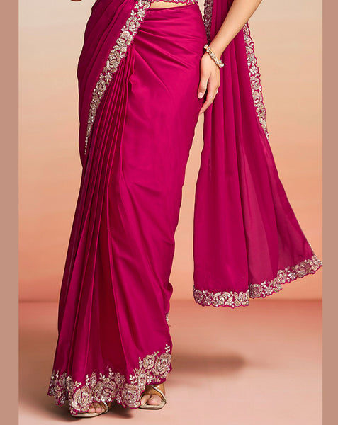 Rani Pink Lustrous Satin Silk Women One Minute Saree With Stitched Blouse