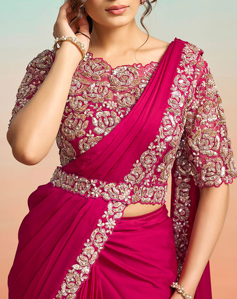 Rani Pink Lustrous Satin Silk Women One Minute Saree With Stitched Blouse