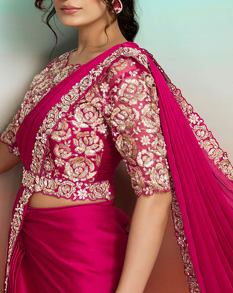 Rani Pink Lustrous Satin Silk Women One Minute Saree With Stitched Blouse