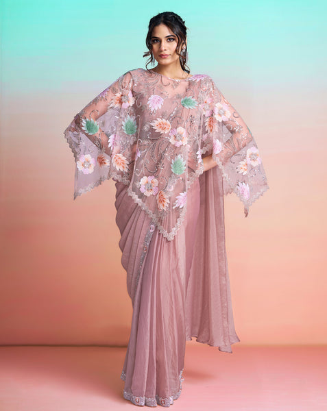 Peach Georgette Satin Women One Minute Saree With Stitched Blouse