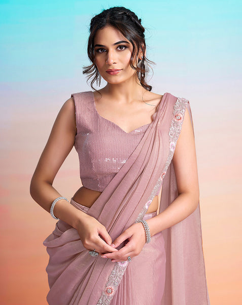 Peach Georgette Satin Women One Minute Saree With Stitched Blouse
