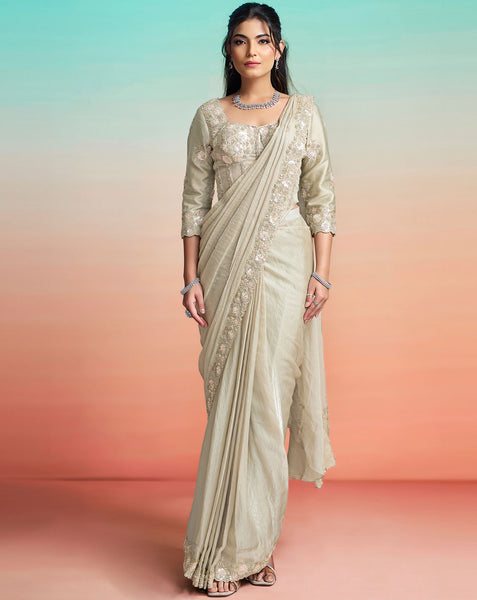 Pearl Grey Two Tone Satin Silk Women One Minute Saree With Stitched Blouse