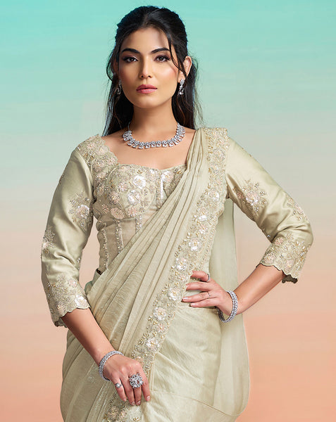 Pearl Grey Two Tone Satin Silk Women One Minute Saree With Stitched Blouse